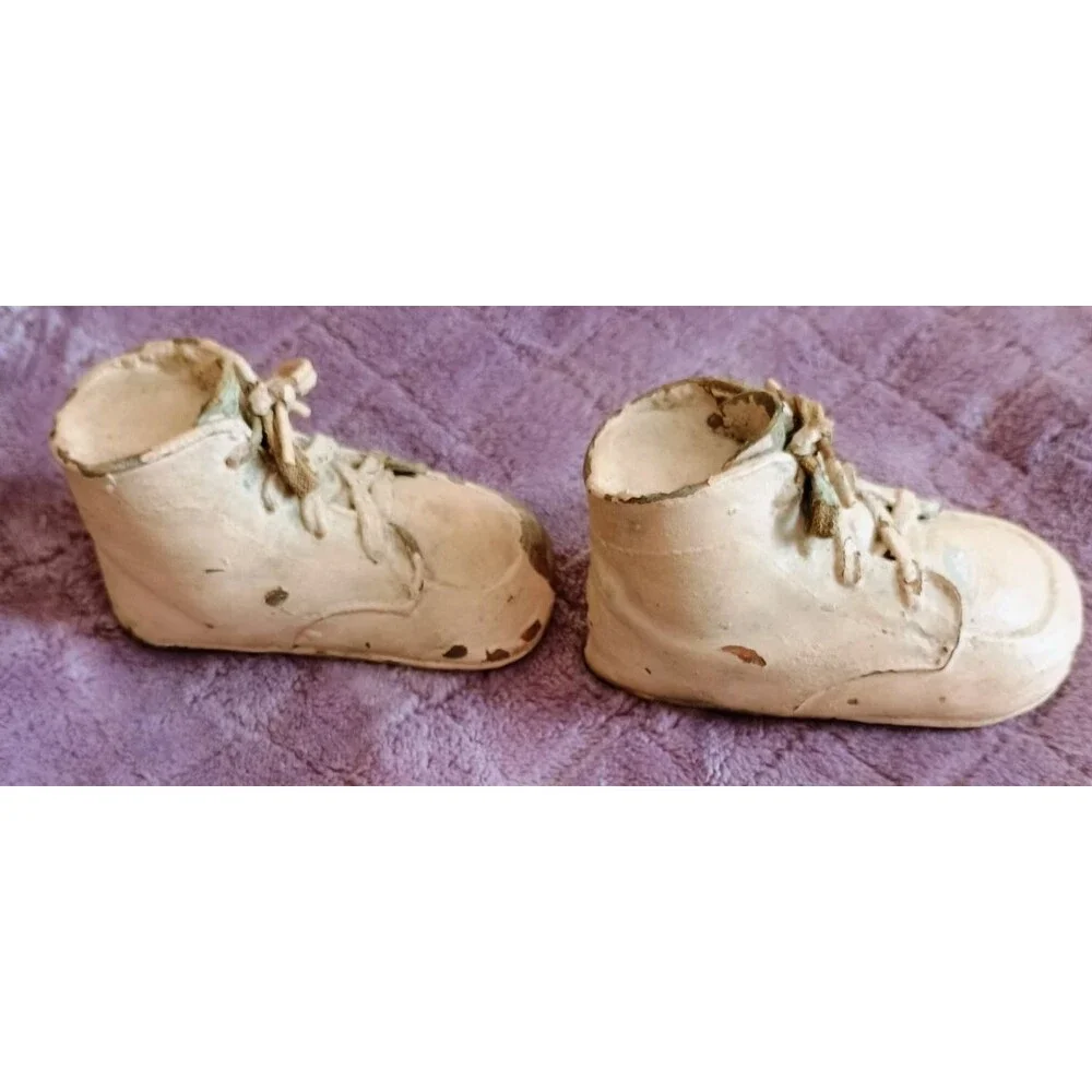 Vintage Baby First Shoes Plaster Coated Keepsake Pair Primitive Folk Art Decor